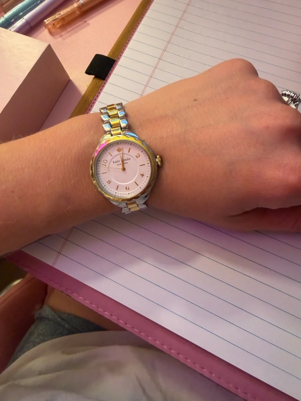 Kate Spade New York Two-Tone Gold & Silver Watch | Pink Dial | Extra Links + Box